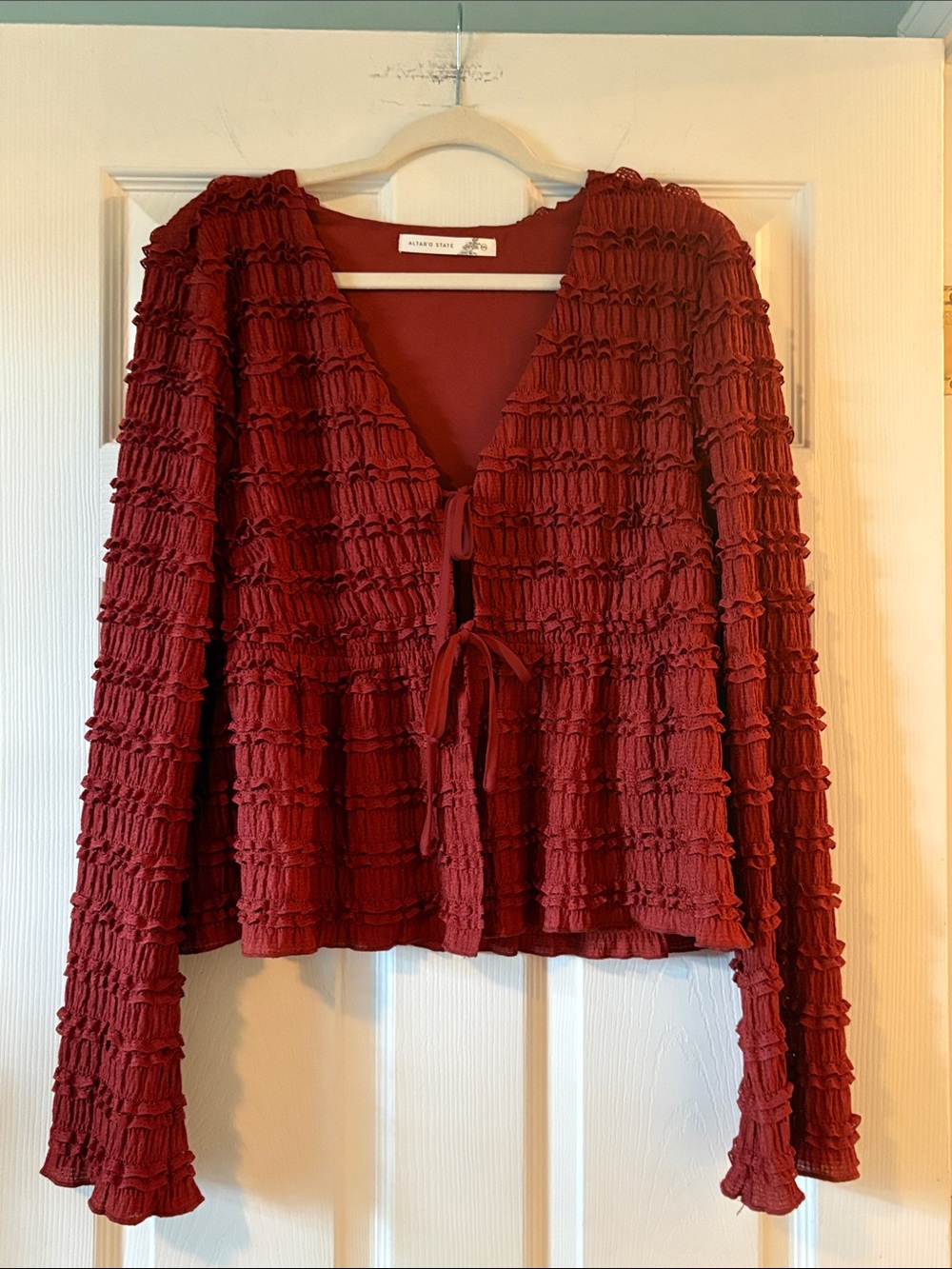 Altar'd State Deep Rust Ruffle Tie-Front Cardigan